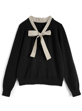チェック柄ボウタイリボンニットカーディガン