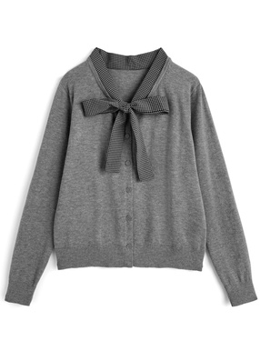 チェック柄ボウタイリボンニットカーディガン