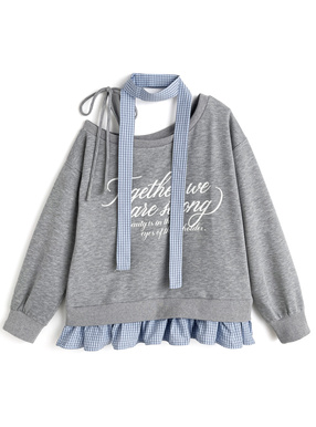 タイ付きチェック柄ドッキングワンショルダースウェットトップス