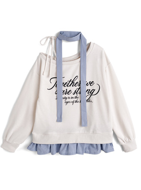 タイ付きチェック柄ドッキングワンショルダースウェットトップス