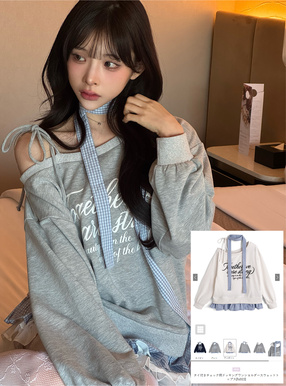 タイ付きチェック柄ドッキングワンショルダースウェットトップス