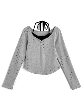 ドット柄ホルターネックレイヤード風リブトップス