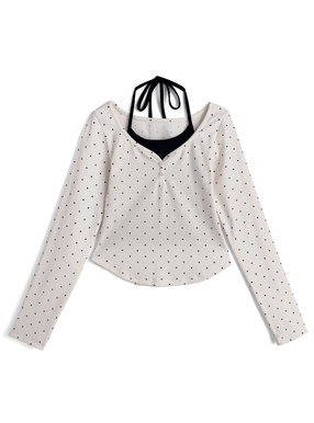 ドット柄ホルターネックレイヤード風リブトップス