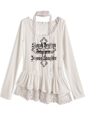 レースタイ付きロゴプリントレースドッキングアシンメトリートップス