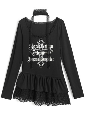 レースタイ付きロゴプリントレースドッキングアシンメトリートップス