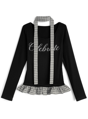タイ付きチェック柄ドッキングラインストーンロゴトップス