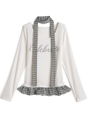 タイ付きチェック柄ドッキングラインストーンロゴトップス