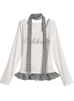タイ付きチェック柄ドッキングラインストーンロゴトップス