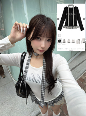 タイ付きチェック柄ドッキングラインストーンロゴトップス