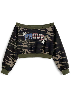 カモフラージュ柄ロゴプリントオフショルダースウェットトップス