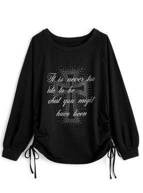 ラインストーンロゴプリントドロストトップス