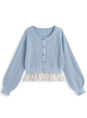 ビジューリボンレースドッキングケーブル編みニットトップス