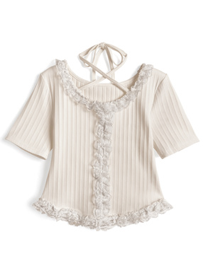 ホルターネックレースフリルリブトップス