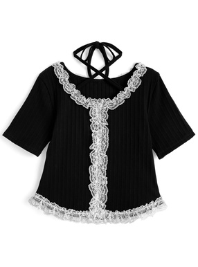 ホルターネックレースフリルリブトップス