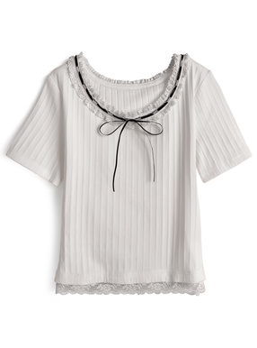 レースリボンリブトップス