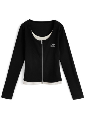 レイヤード風ダブルジップリブトップス