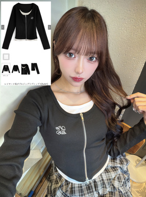 レイヤード風ダブルジップリブトップス