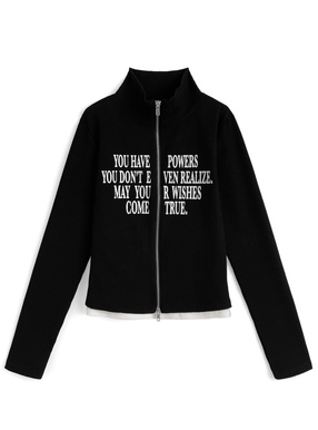 レイヤード風ロゴプリントダブルジップリブトップス