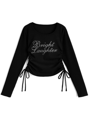 ラインストーンロゴサイドドロストリブトップス