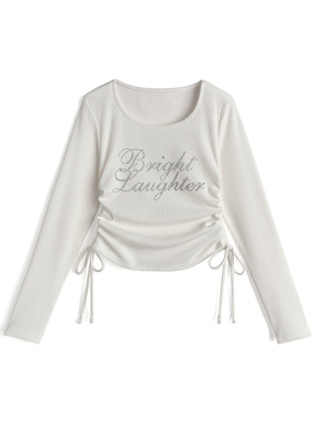 ラインストーンロゴサイドドロストリブトップス