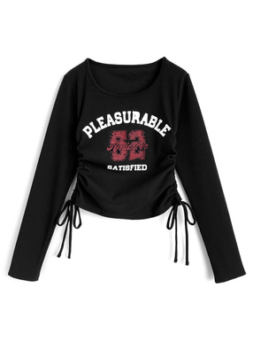 ロゴプリントサイドドロストリブトップス