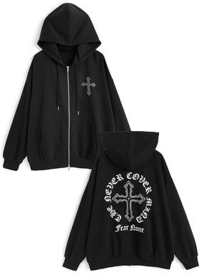 ラインストーンクロスロゴプリントダブルジップスウェットパーカー