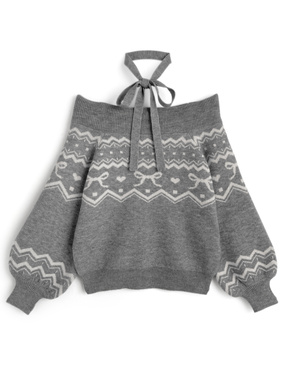 リボン付きノルディック柄オフショルダーニットトップス