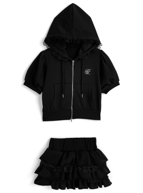 ダブルジップレースパーカー×ティアードレースミニスカートスウェットセットアップ