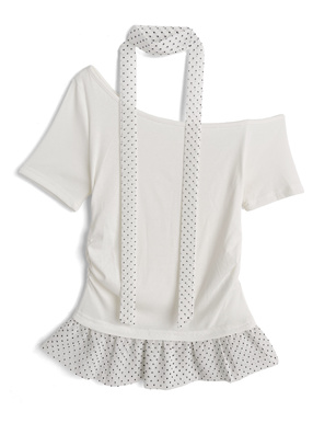 タイ付きドット柄フリルワンショルダートップス