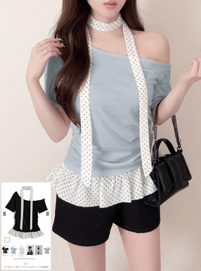 タイ付きドット柄フリルワンショルダートップス