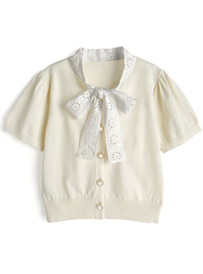 レースボウタイニットトップス