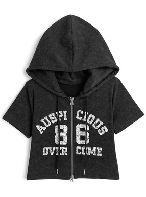 フード付きピグメントロゴプリントダブルジップトップス