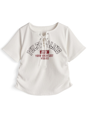 ロゴプリントレースアップリブトップス