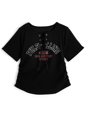 ロゴプリントレースアップリブトップス