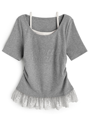 レイヤード風ラインストーンロゴレースフリルトップス