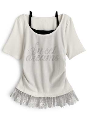 レイヤード風ラインストーンロゴレースフリルトップス