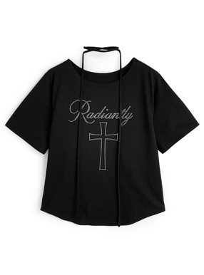 タイ付きラインストーンロゴビッグTシャツ