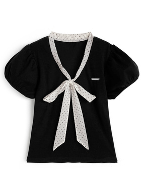 ドット柄シアーボウタイリブトップス
