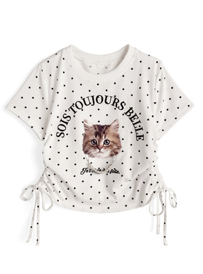 チャーム付きドット柄キャットプリントトップス