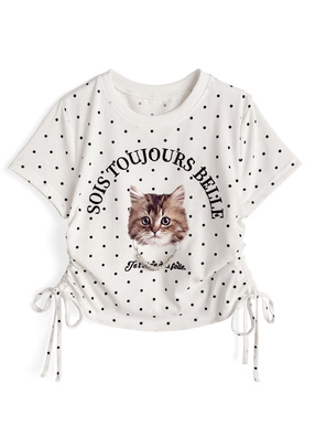 チャーム付きドット柄キャットプリントトップス