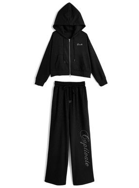 ラインストーンロゴパーカー×ワイドパンツラメスウェットセットアップ