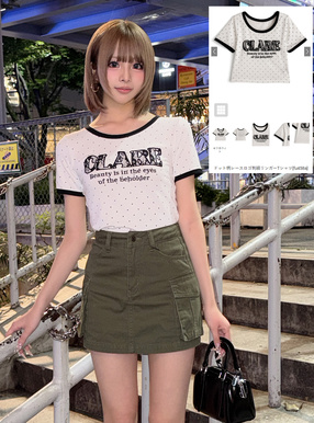 ドット柄レースロゴ刺繍リンガーTシャツ