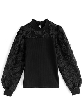 立体花柄レース切替テレコリブトップス