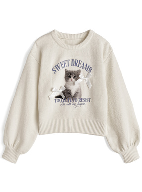 キャットプリントリボンニットトップス