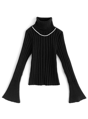 パールネックレス付きフレアスリーブニットトップス