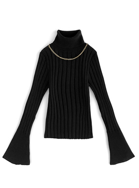 チェーンネックレス付きフレアスリーブニットトップス