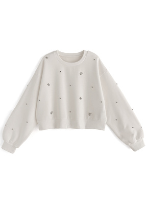 ビジュー裏起毛ショート丈トップス