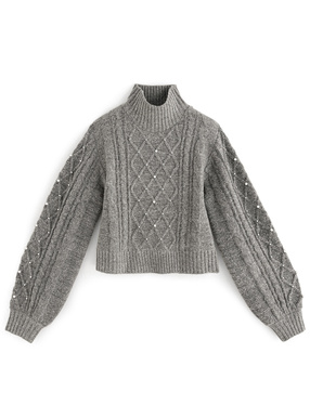 ケーブル編みニットモックネックパールトップス