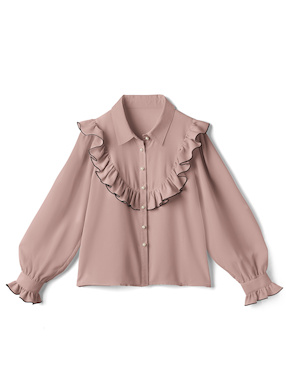 配色フリルパールボタンブラウス