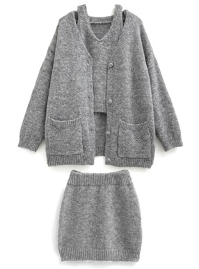 ニットキャミソール×ニットカーディガン×ニットミニスカートセットアップ